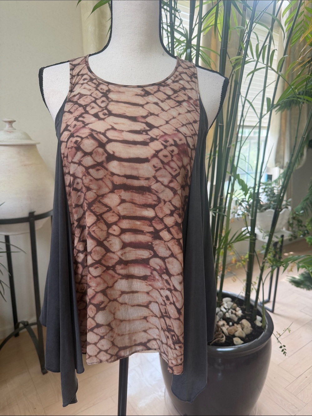 AllSaints Brown Snake-Print Tank with Charcoal on Draped Sides 100% silk